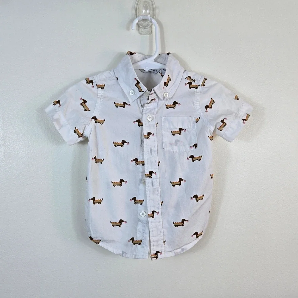 Janie &‎ Jack Baby Boy White Hot Dog Flag Poplin Preppy Button Shirt 12-18Mo USA